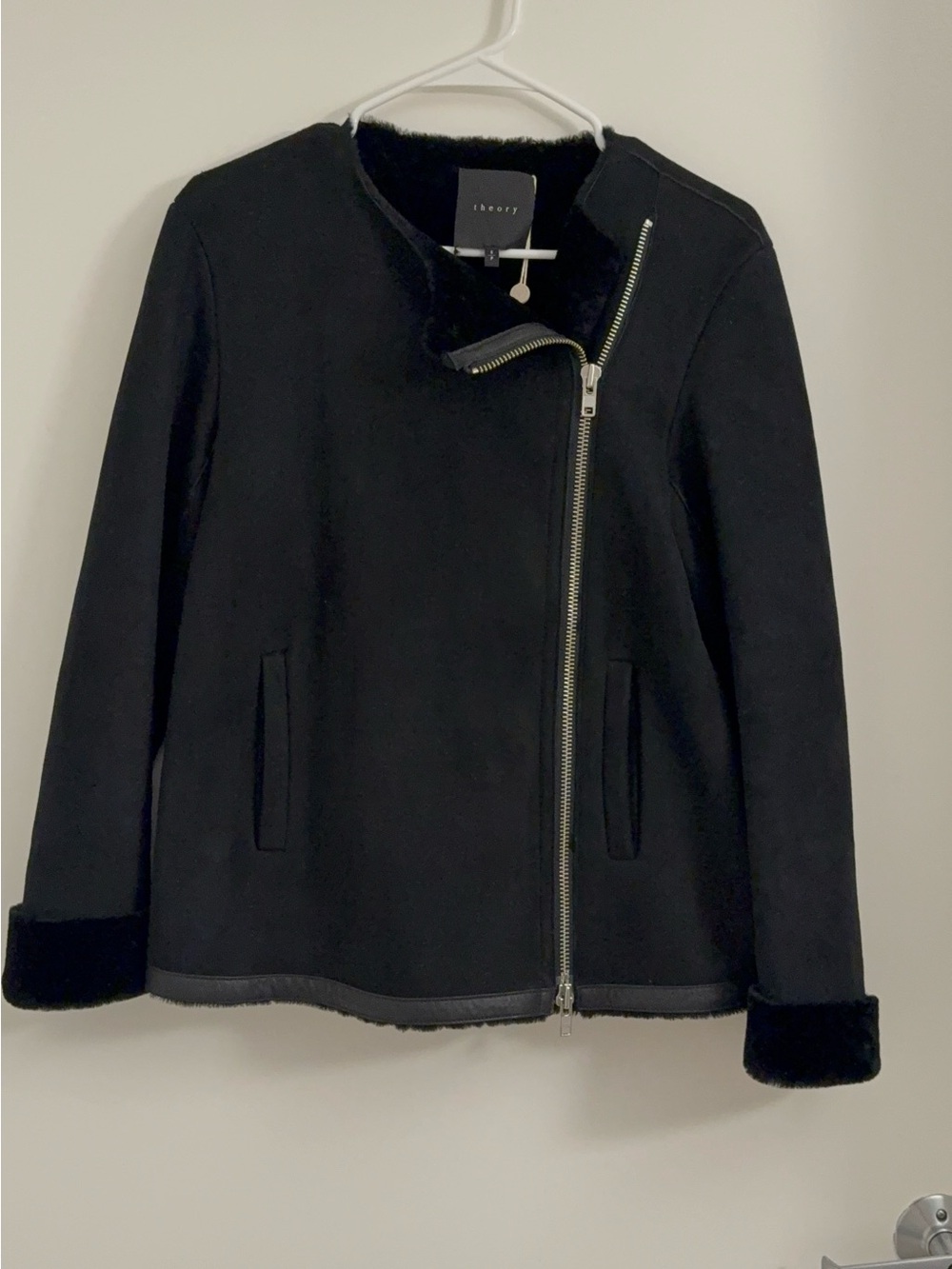 Theory Black Asymmetric Zip Shearling-Trim Jacket